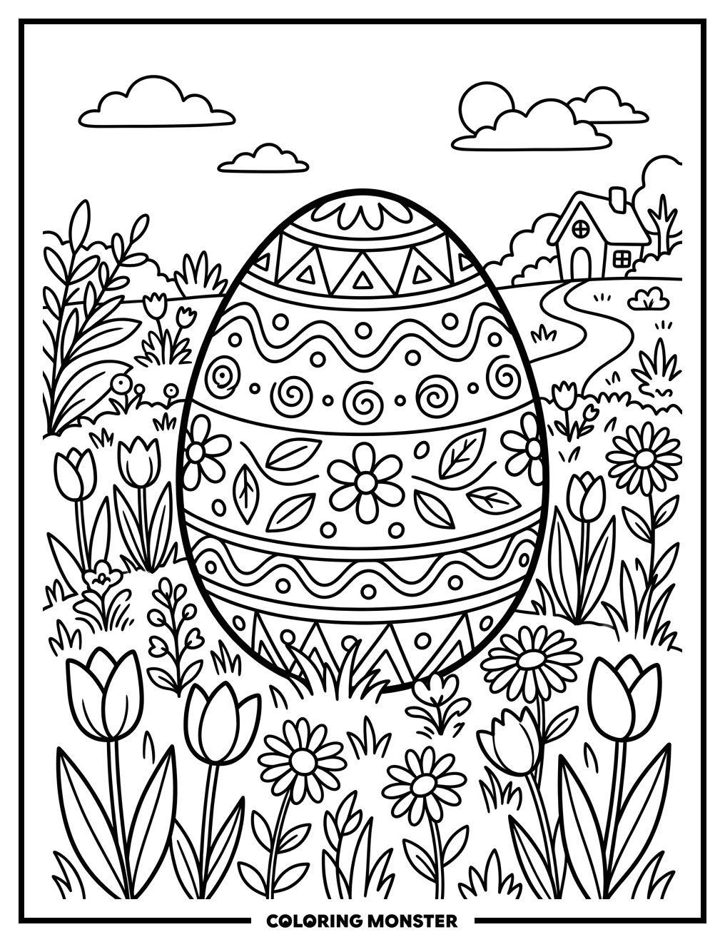 Easter Egg in Spring Flowers Coloring Page