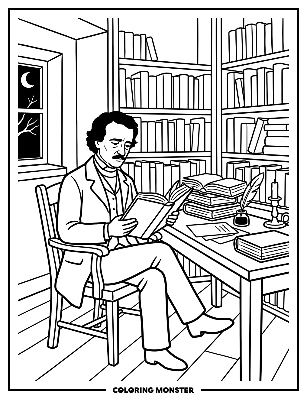 Edgar Allan Poe Reading Book Coloring Page