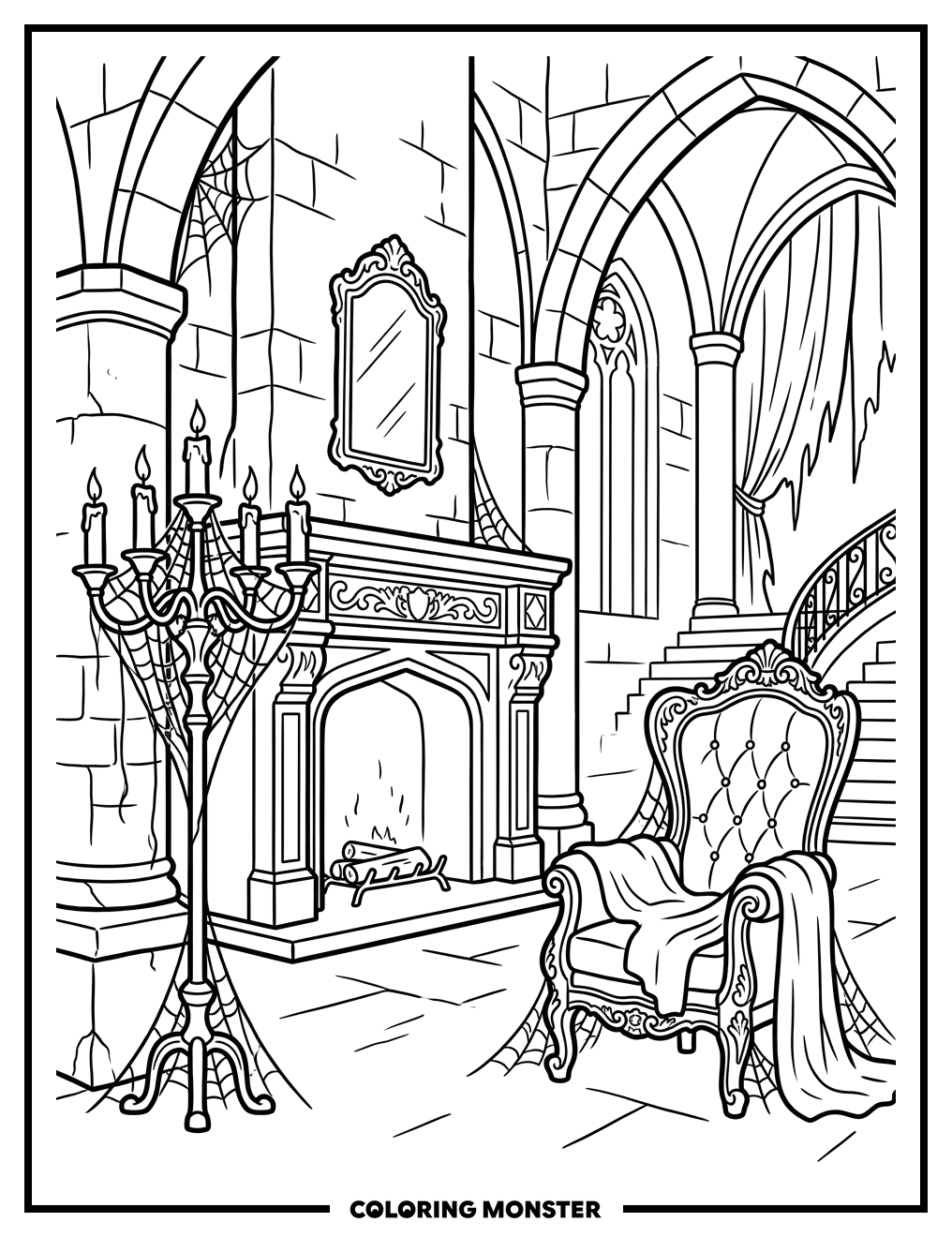 Eerie Vampire Castle Interior Coloring Page
