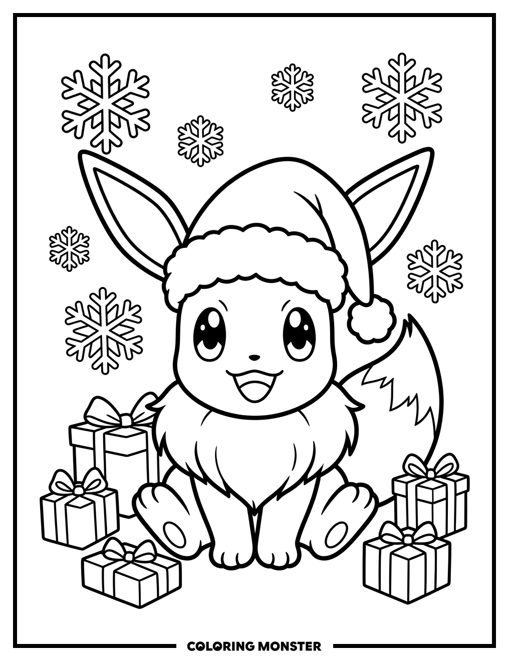 Eevee With Santa Hat And Gifts Coloring Page