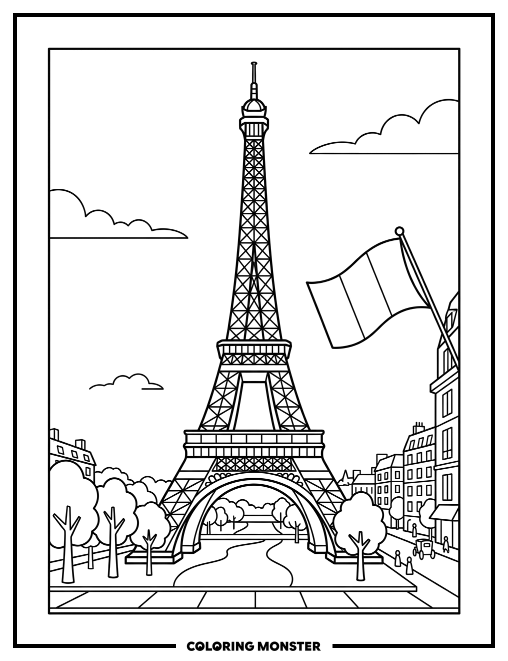 Eiffel Tower and French Flag Coloring Page