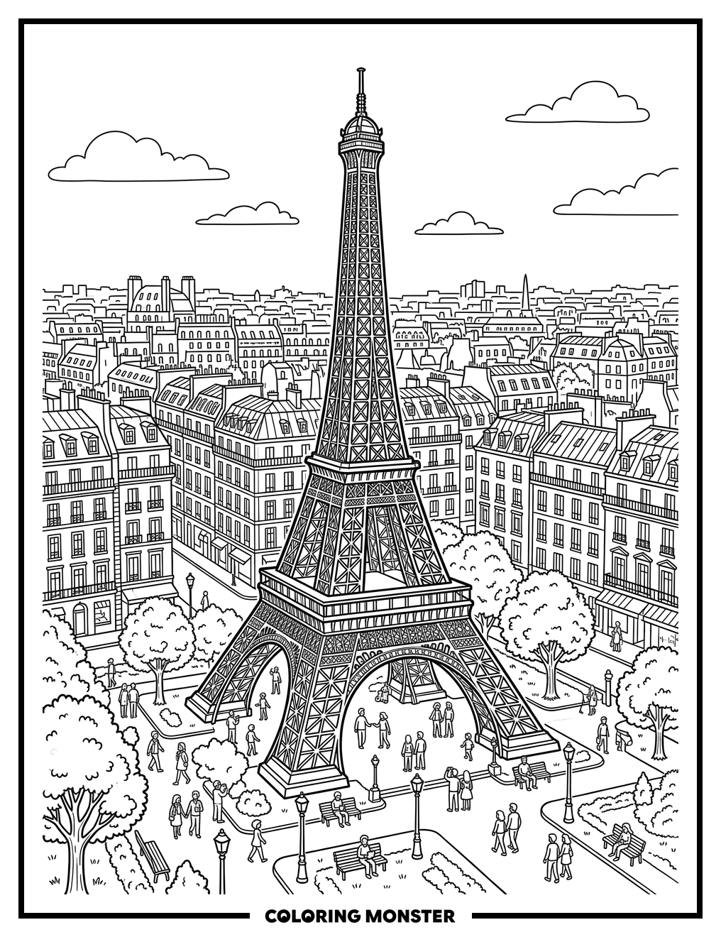 Eiffel Tower Paris Scene Coloring Page