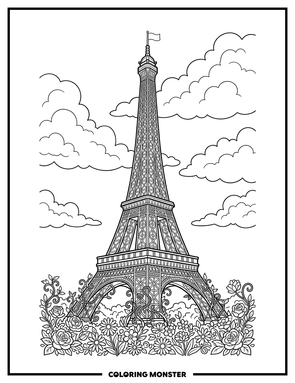 Eiffel Tower With Flowers Coloring Page