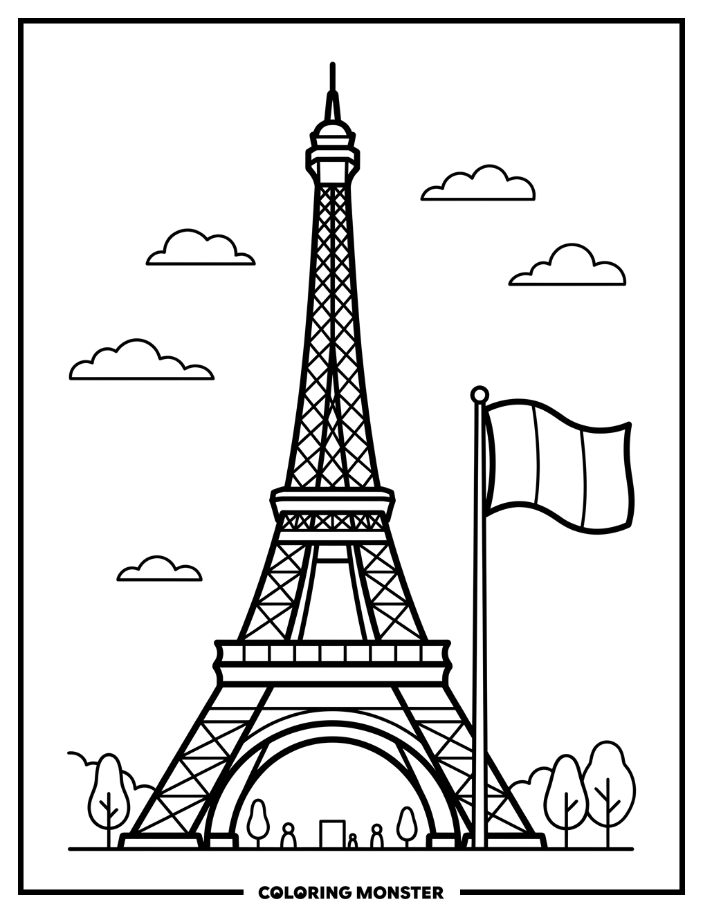 Eiffel Tower with French Flag Coloring Page