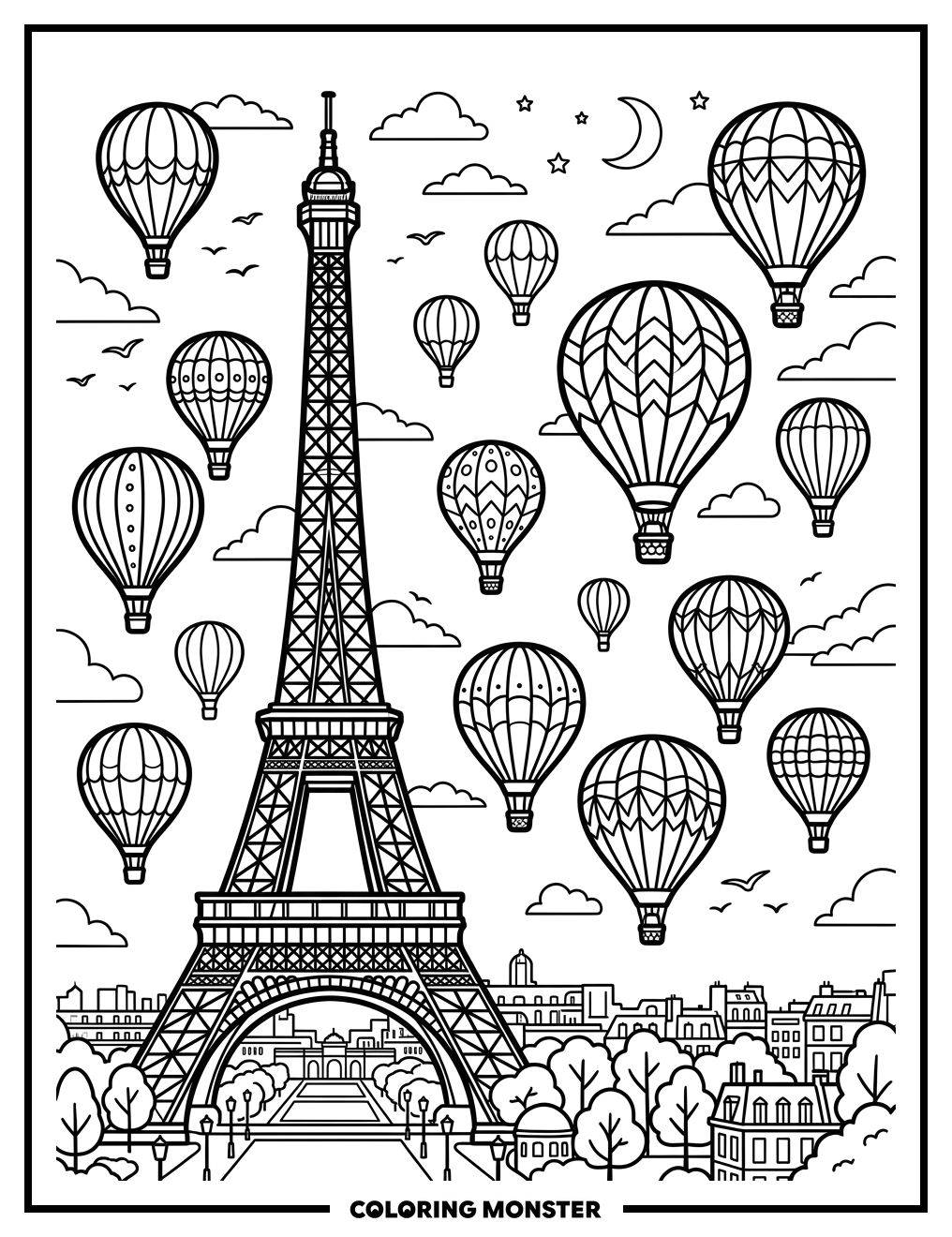 Eiffel Tower with Hot Air Balloons Coloring Page