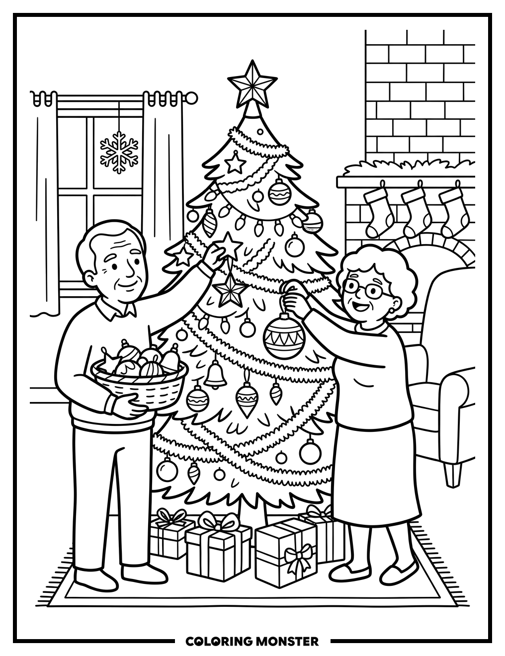 Elderly Couple Decorating Christmas Tree Coloring Page