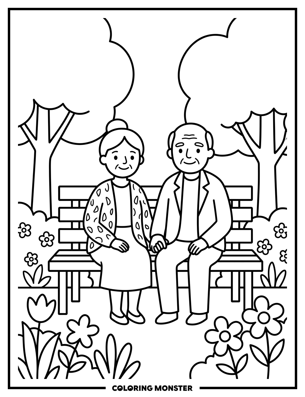 Elderly Couple Holding Hands On Park Bench Coloring Page