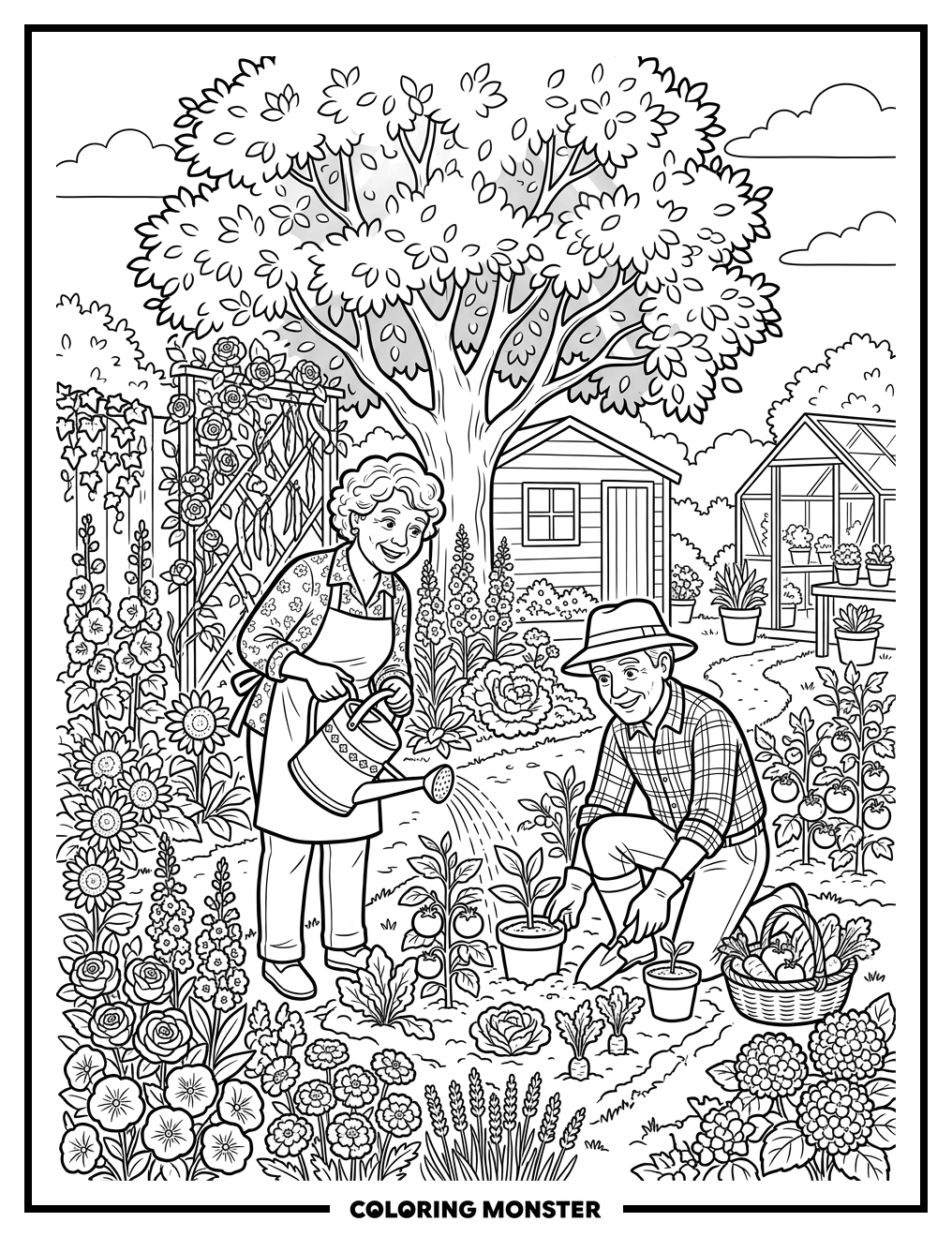 Elderly Couple Tending a Vibrant Garden Coloring Page