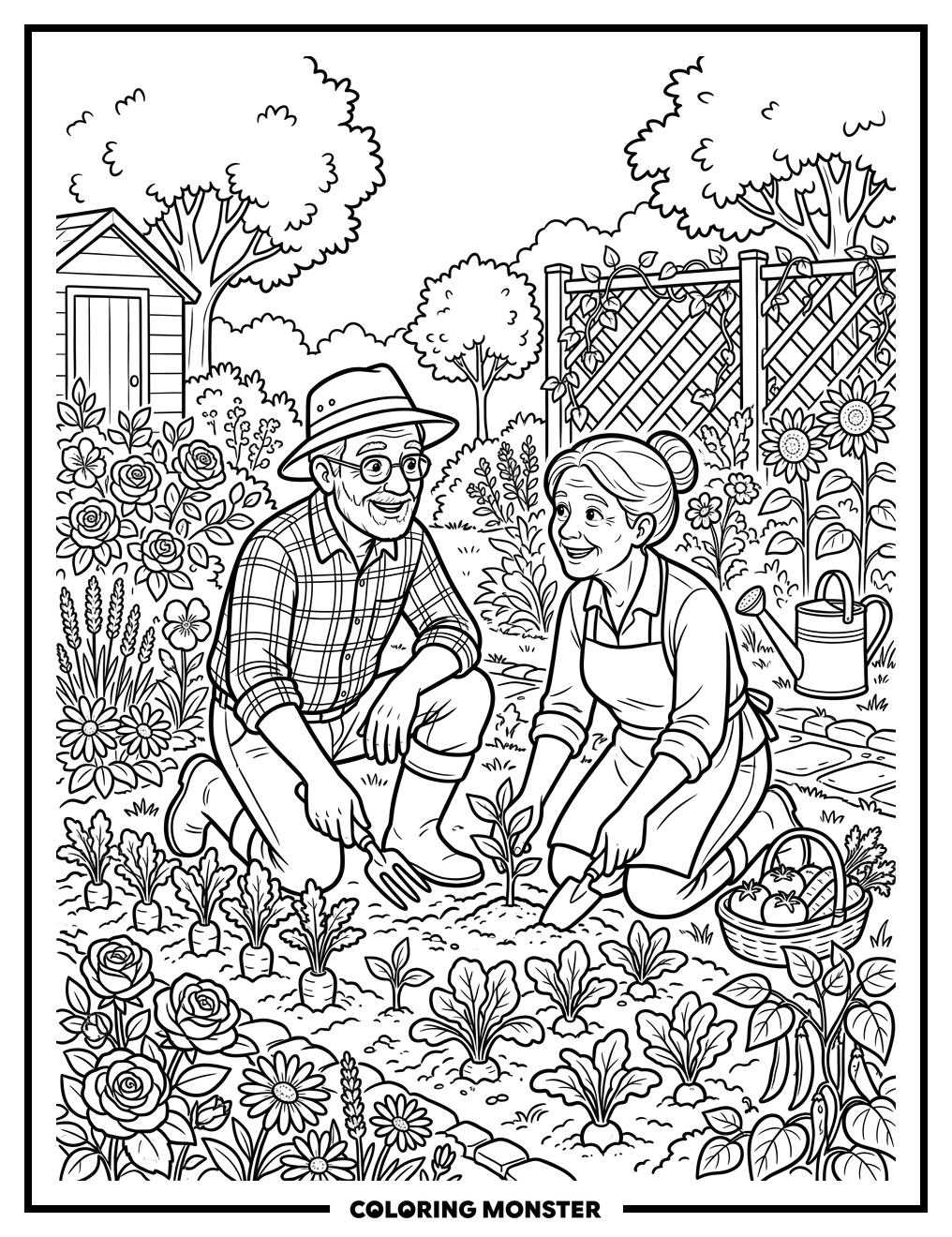 Elderly Couple Tending Garden Coloring Page