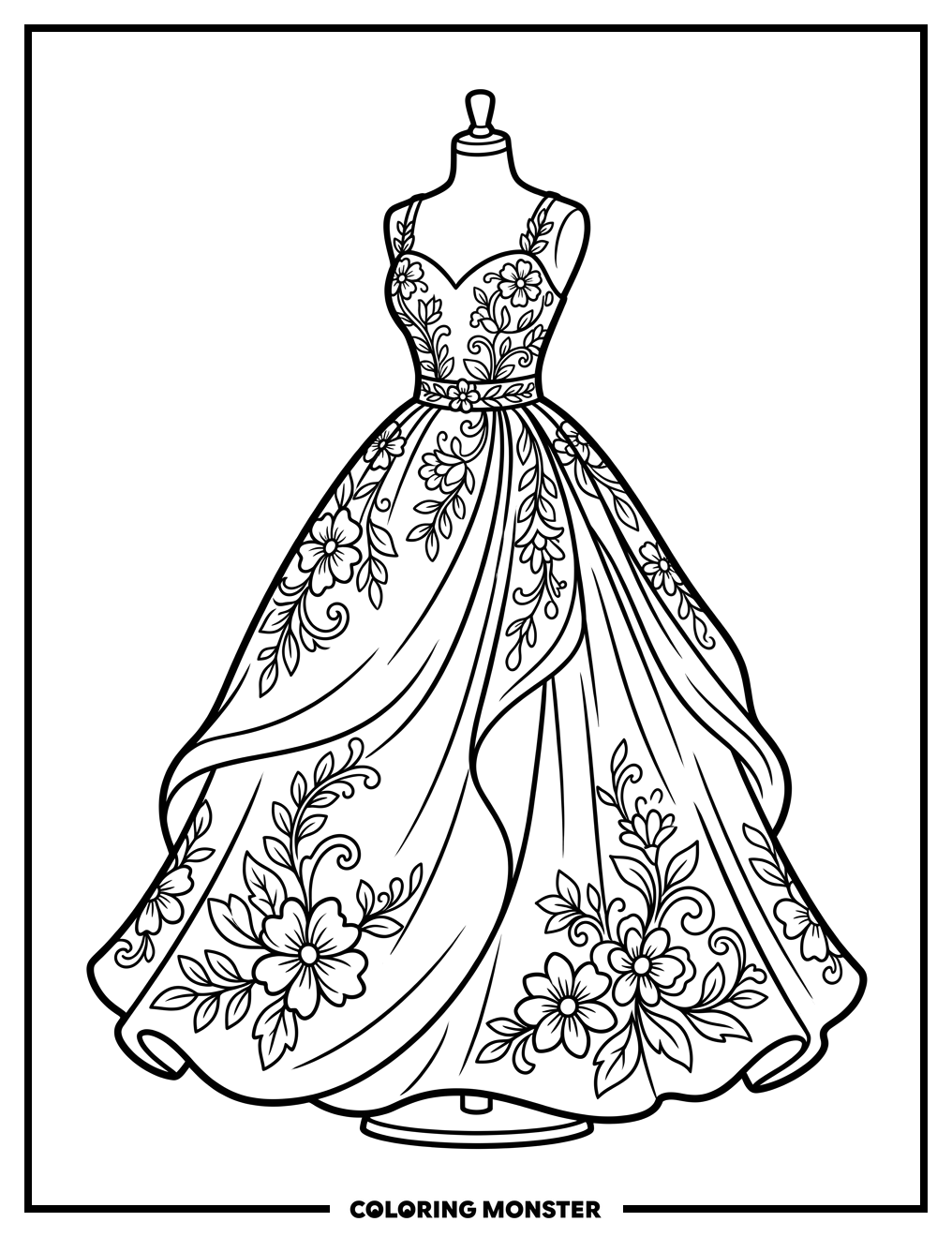 Elegant Ballgown With Floral Embroidery Coloring Page
