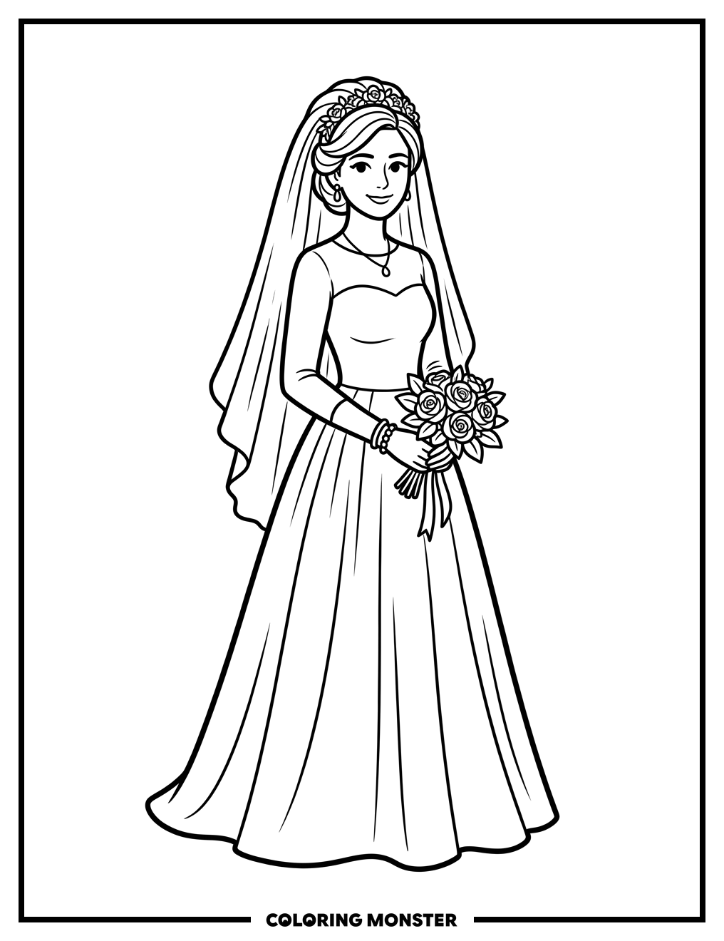 Elegant Bride in Wedding Gown Coloring Page