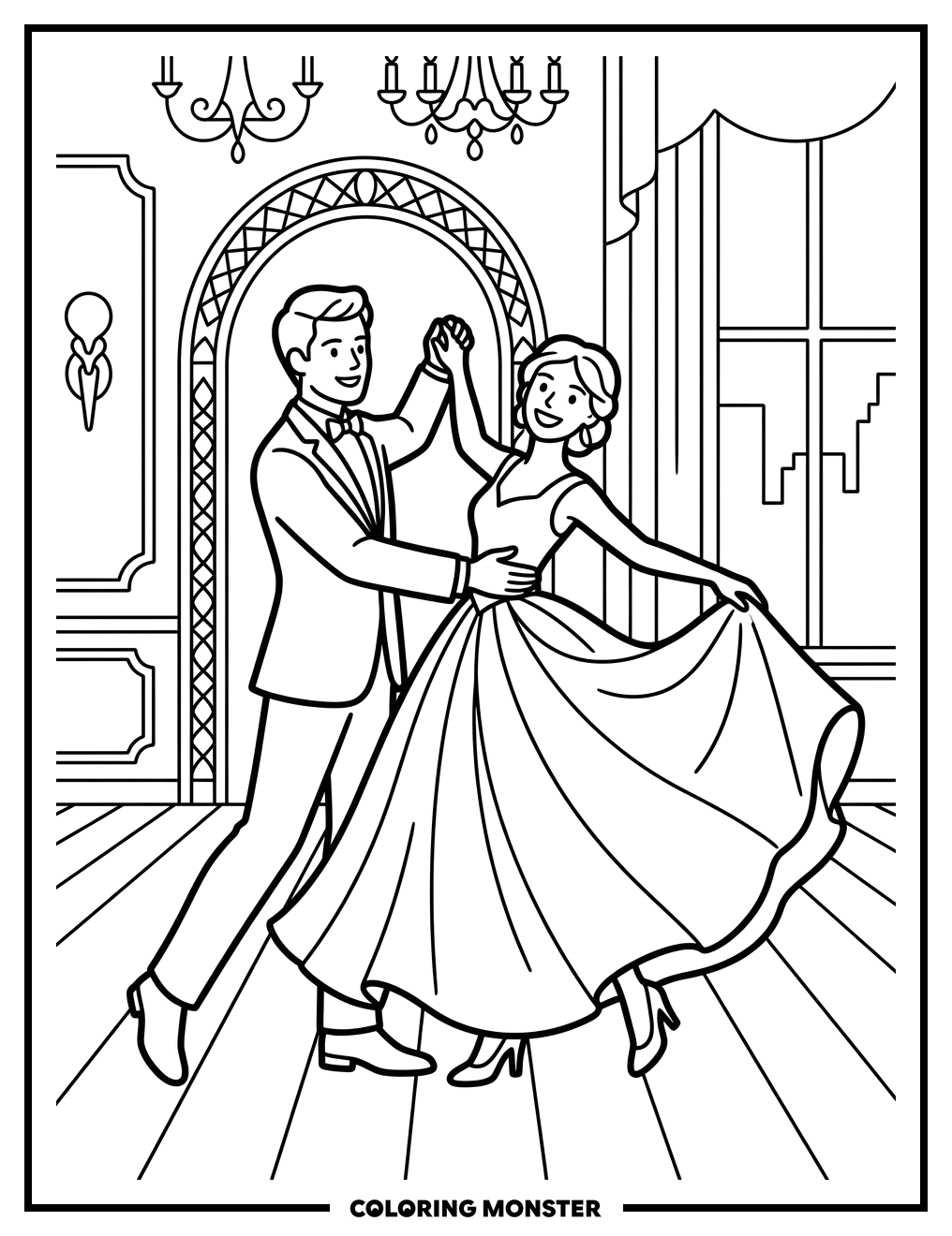 Elegant Couple Dancing in Ballroom Coloring Page