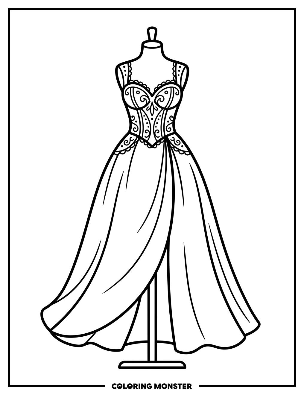 Elegant Evening Gown on Mannequin Coloring Page
