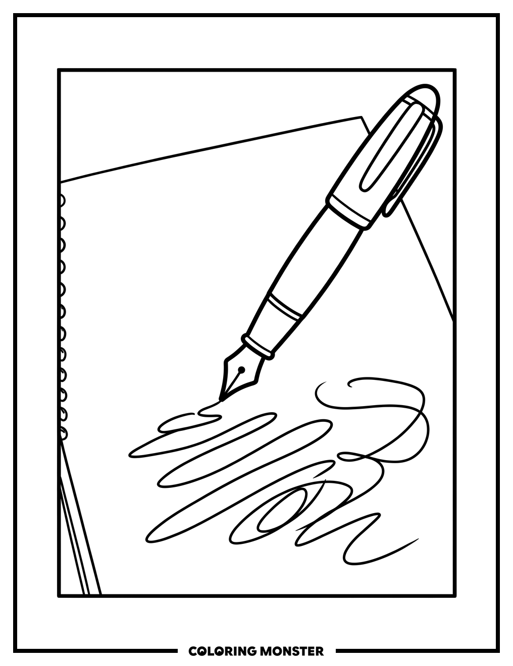 Elegant Fountain Pen on Paper Coloring Page