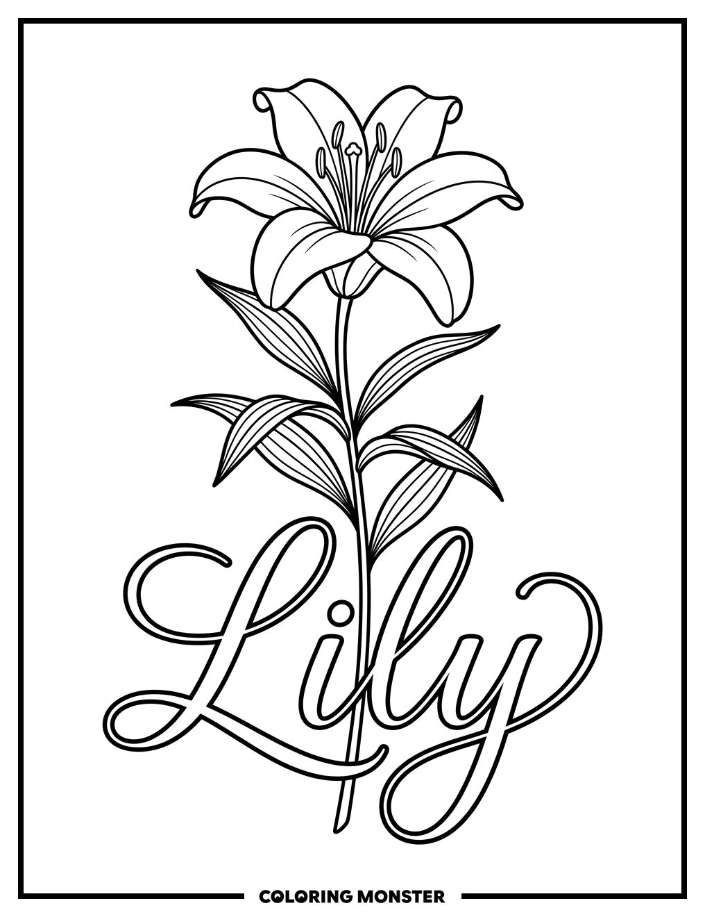 Elegant Lily Flower with Calligraphy Coloring Page
