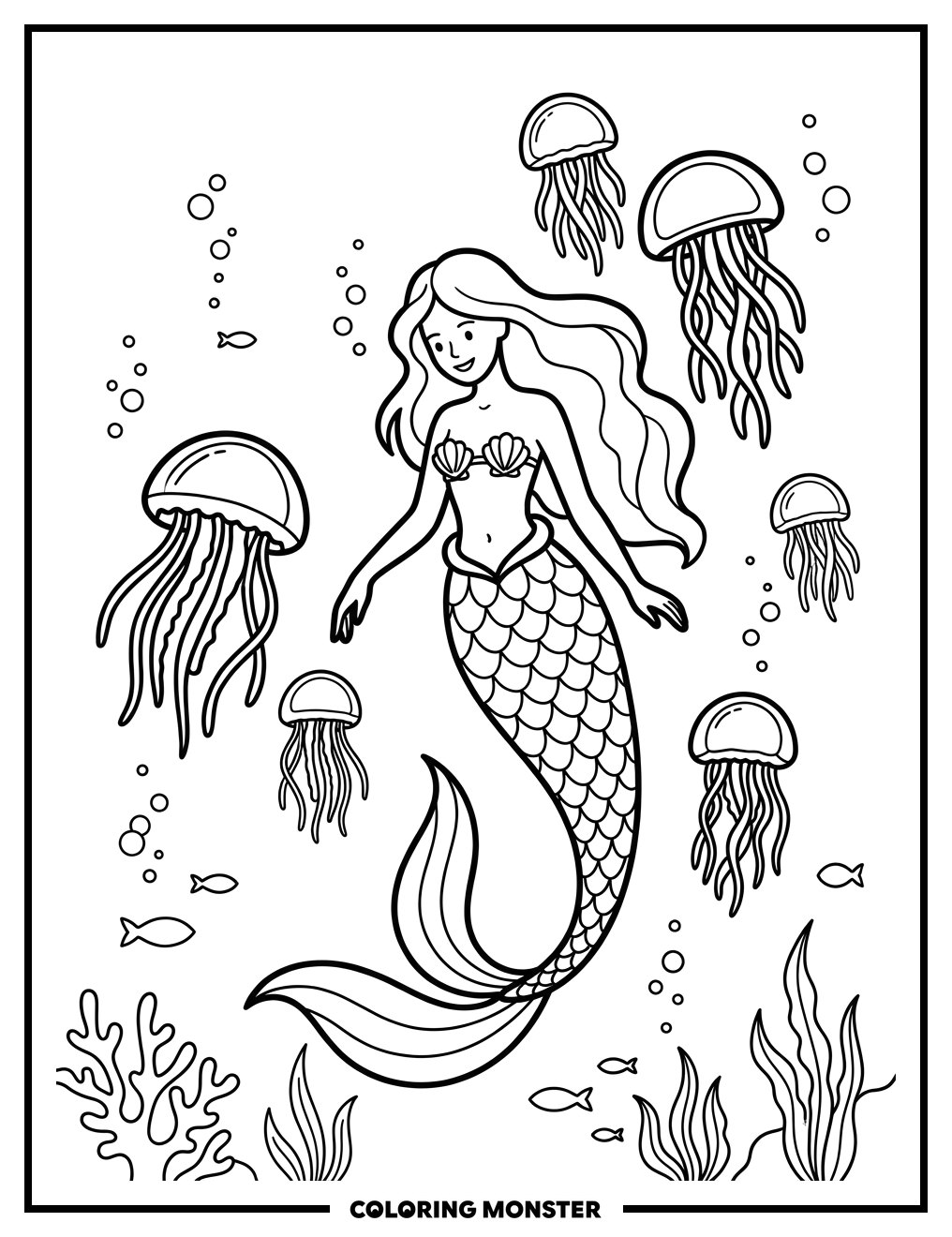 Elegant Mermaid With Jellyfish Coloring Page