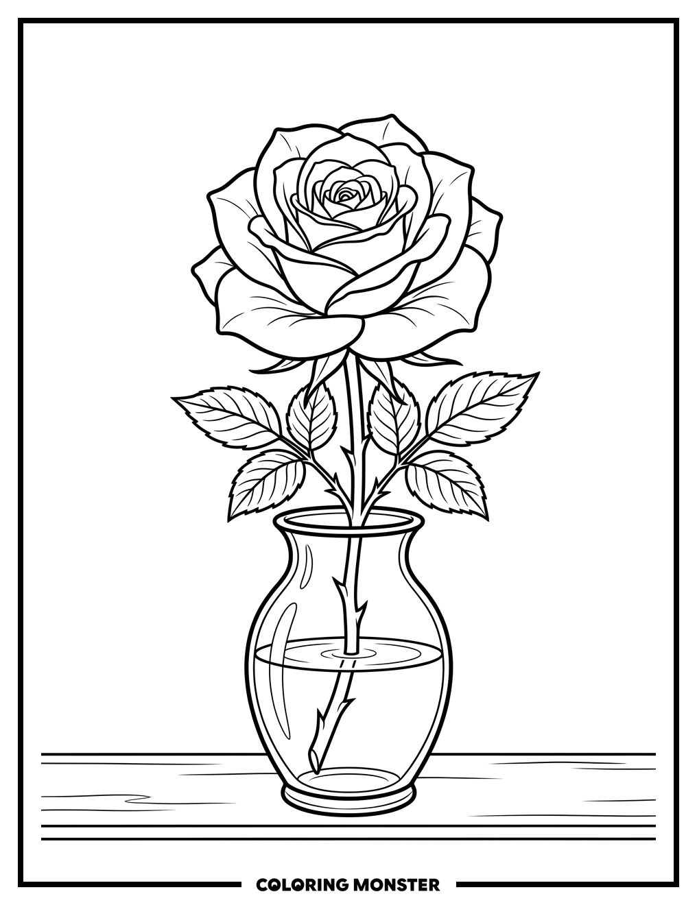 Elegant Rose in Simple Vase Coloring Page