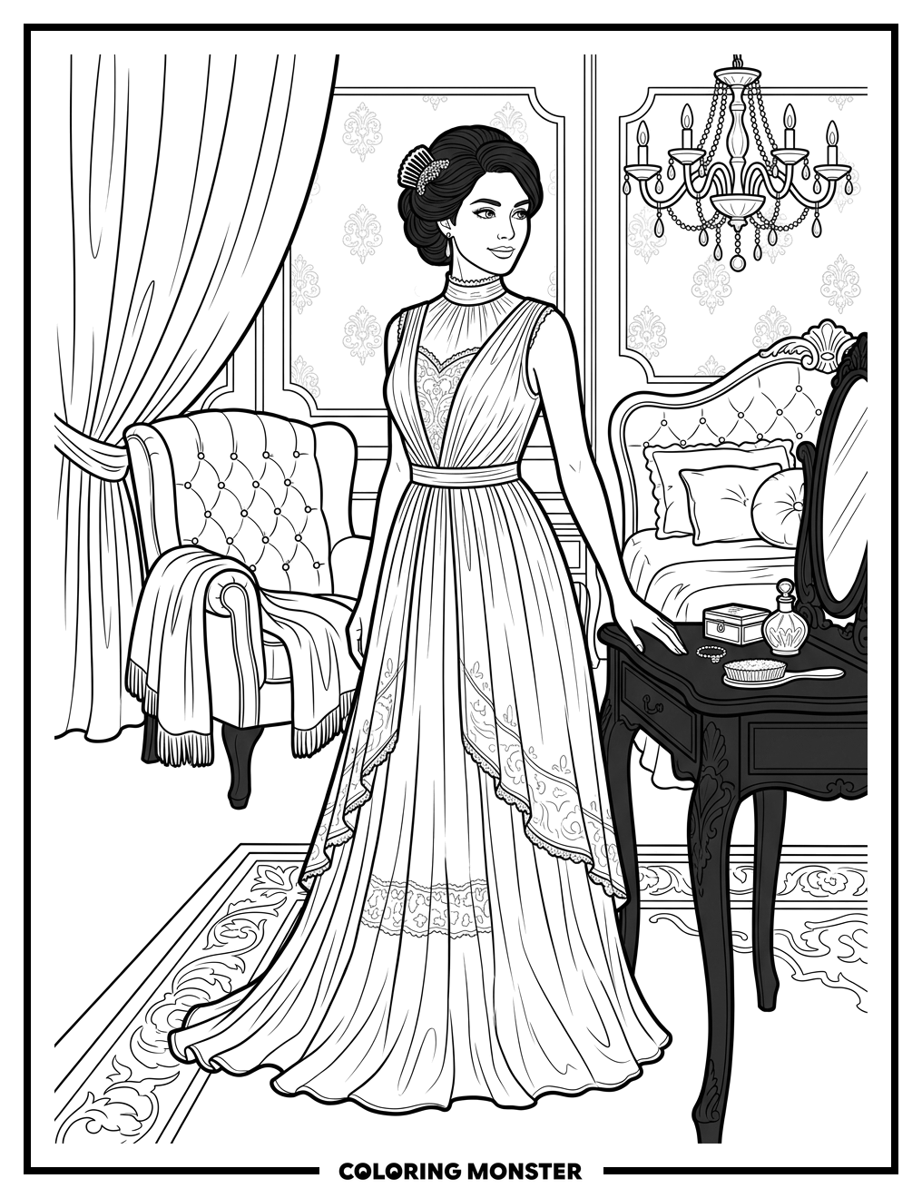 Elegant Woman in Luxurious Boudoir Coloring Page