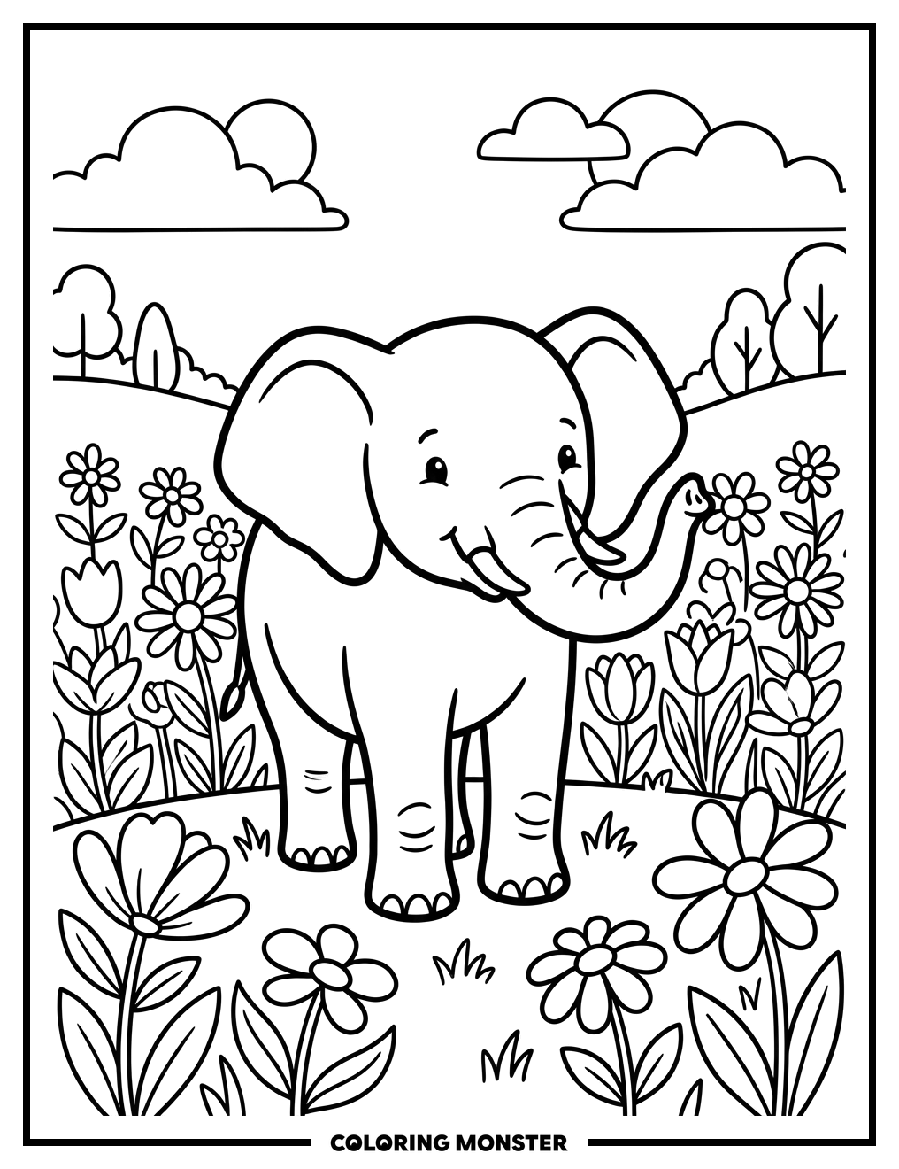 Elephant Among Blooming Flowers Coloring Page