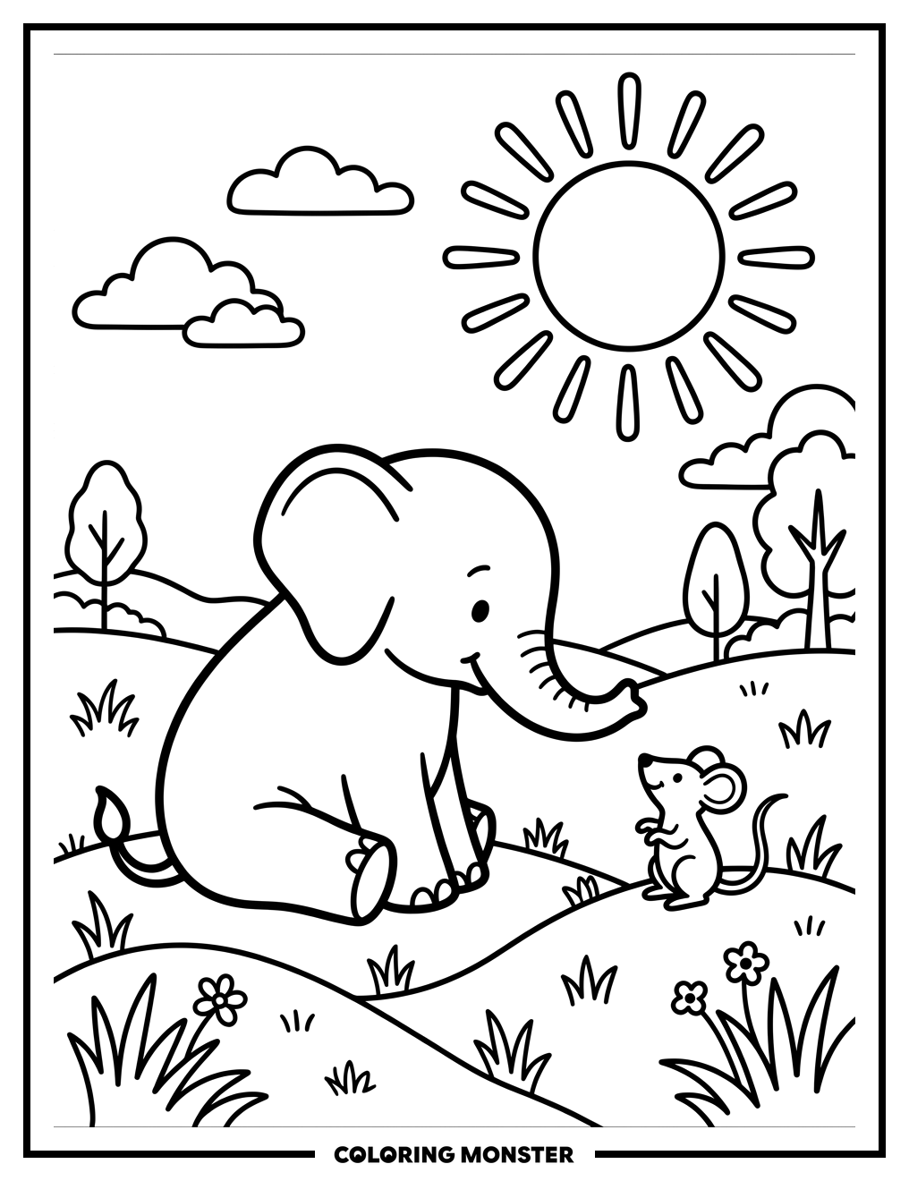 Elephant and Mouse in Meadow Coloring Page