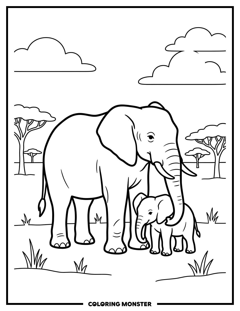 Elephant Family on the Savanna Coloring Page