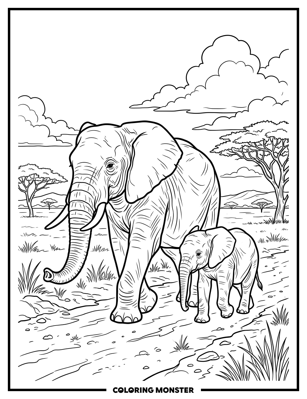 Elephant Family on the Savanna Coloring Page