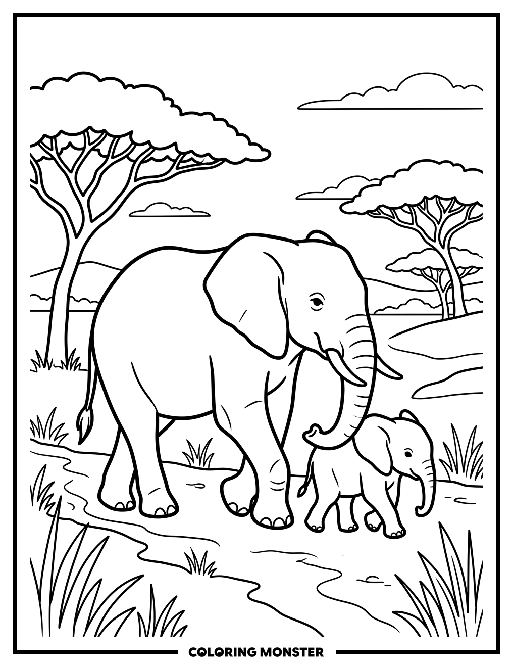 Elephant Family on the Savanna Coloring Page