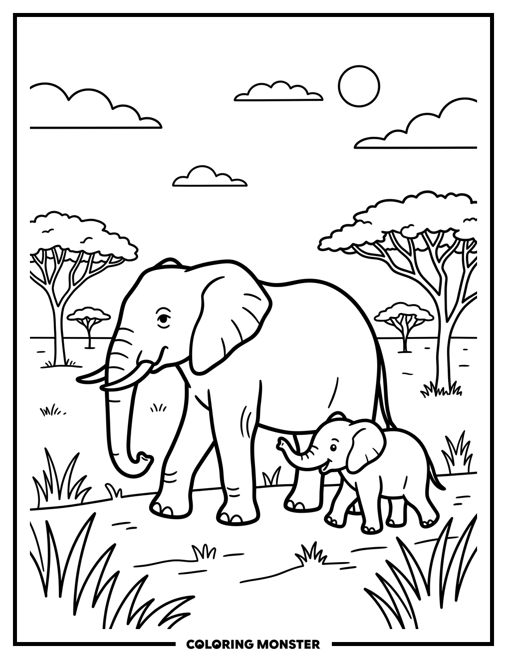 Elephant Family on the Savanna Coloring Page