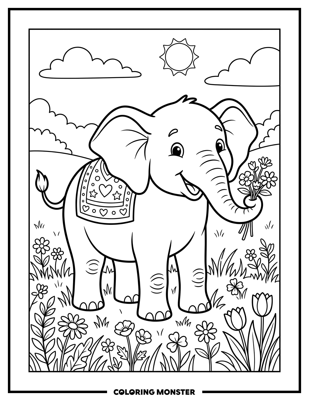 Elephant in a Field of Flowers Coloring Page