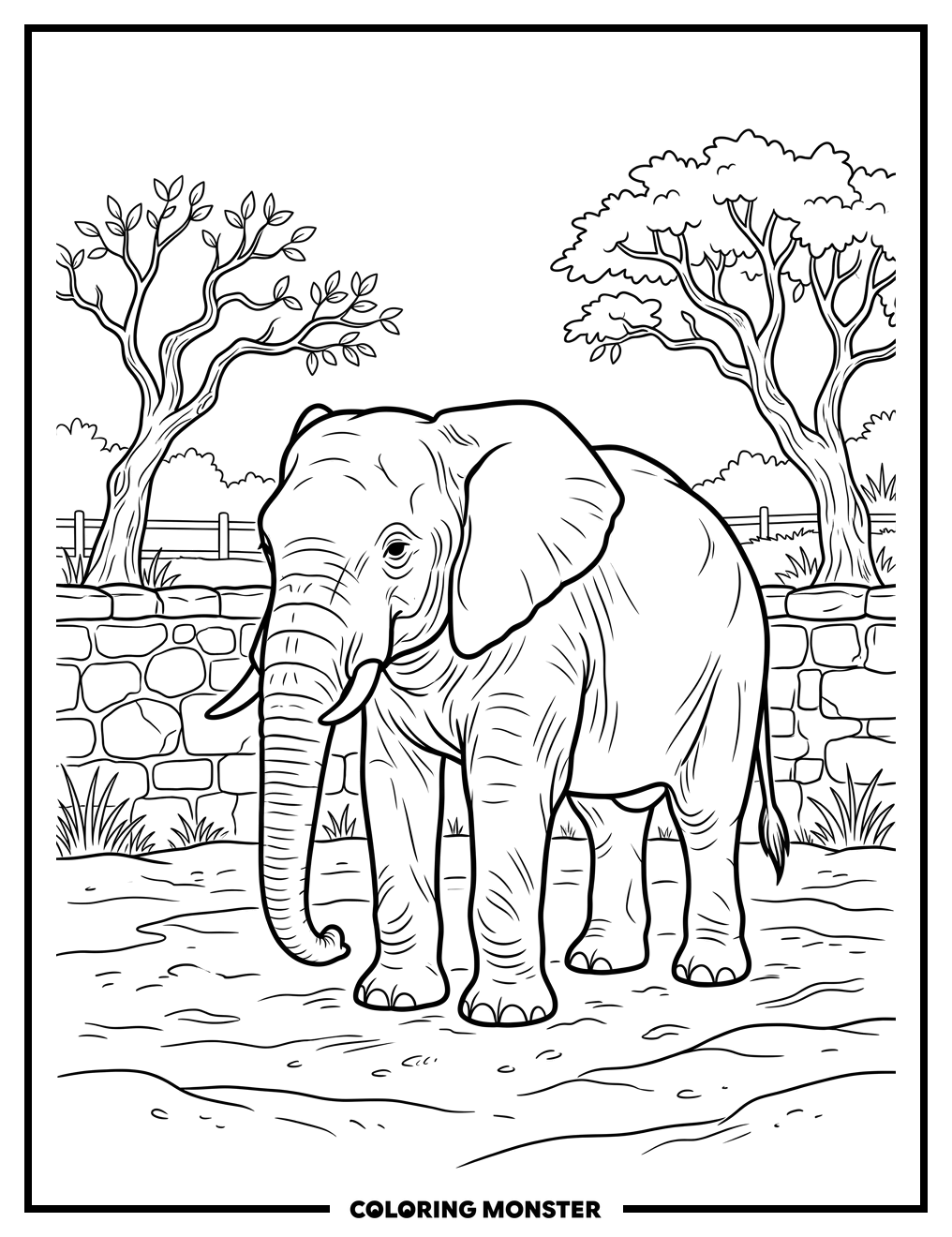 Elephant in Sandy Zoo Enclosure Coloring Page