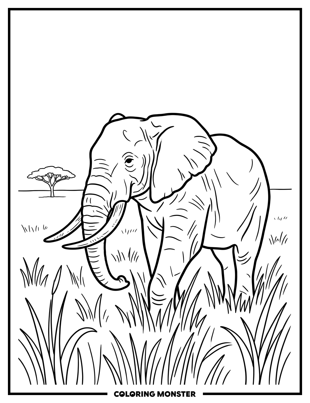 Elephant in Tall Grass Coloring Page