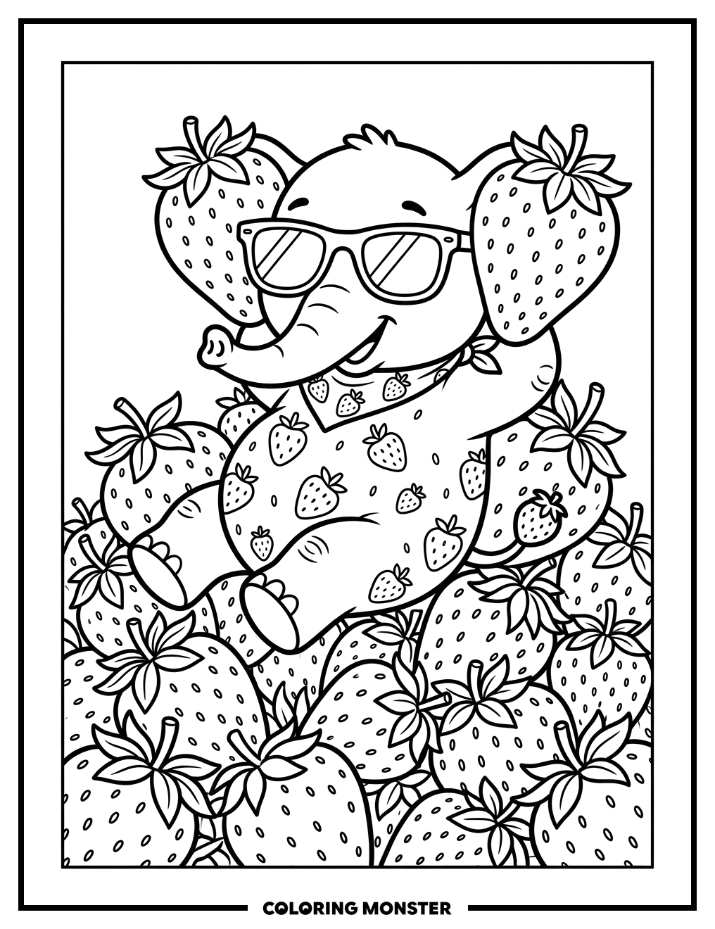 Elephant Lounging on Strawberries Coloring Page
