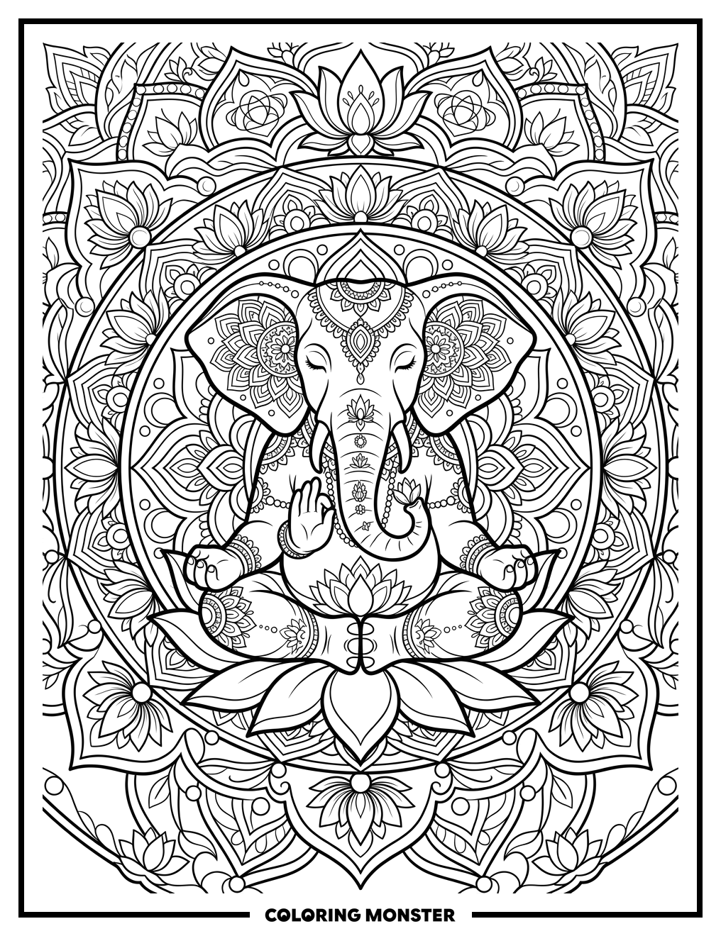 Elephant Meditating Amongst Lotus Flowers Coloring Page