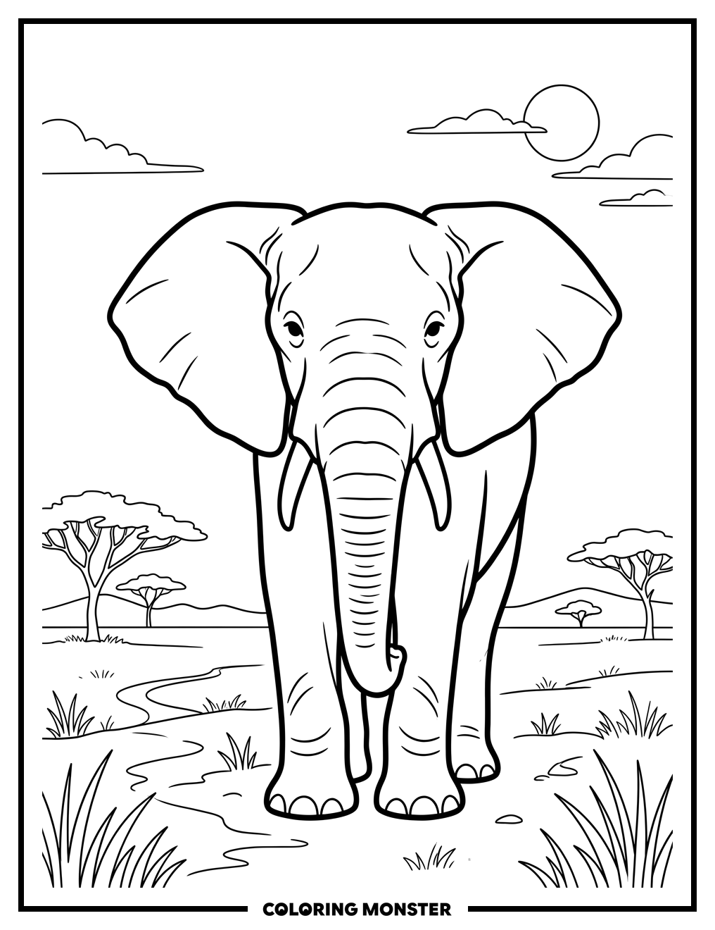 Elephant on Savanna Coloring Page