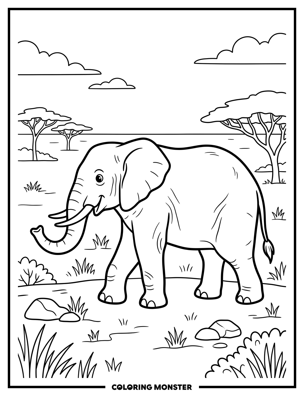 Elephant on the Savanna Coloring Page