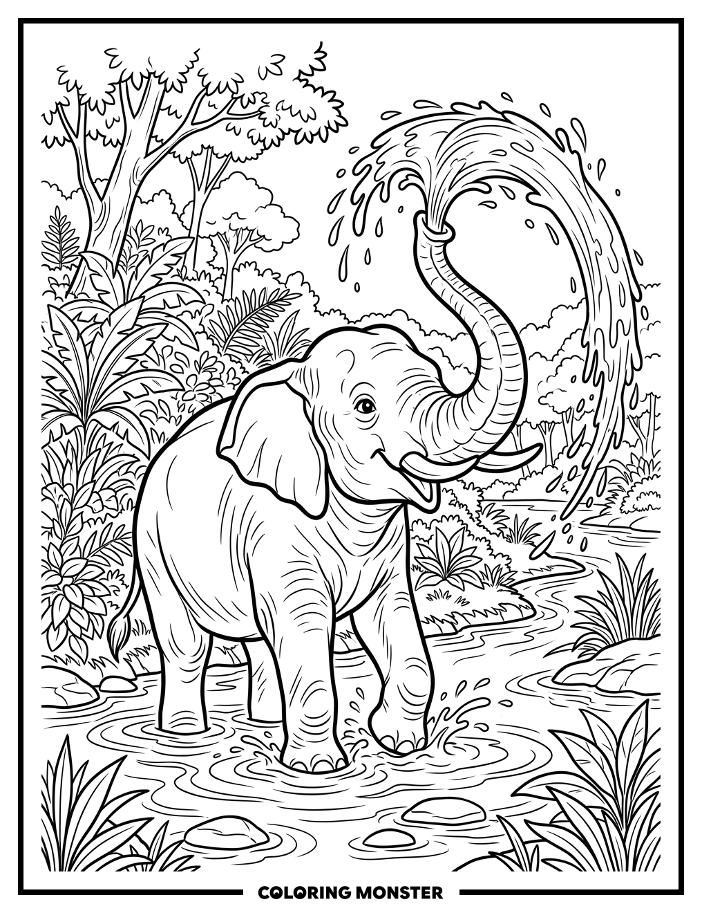 Elephant Spraying Water in a Lush Landscape Coloring Page