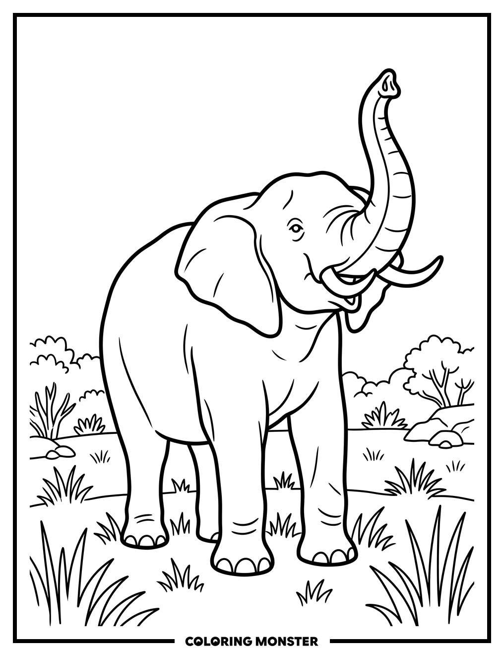 Elephant Trumpeting in Grassy Field Coloring Page