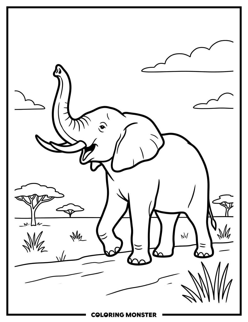 Elephant Trumpeting on the Plains Coloring Page