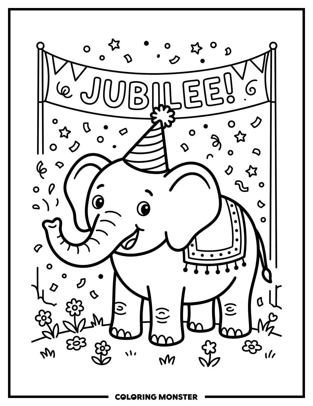 Elephant Wearing Party Hat Coloring Page