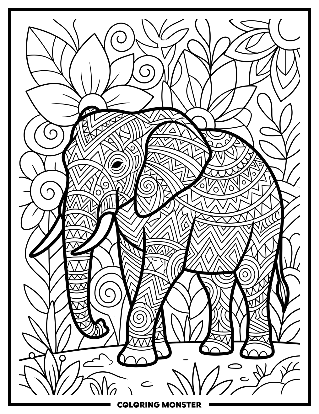 Elephant With Geometric Patterns Coloring Page