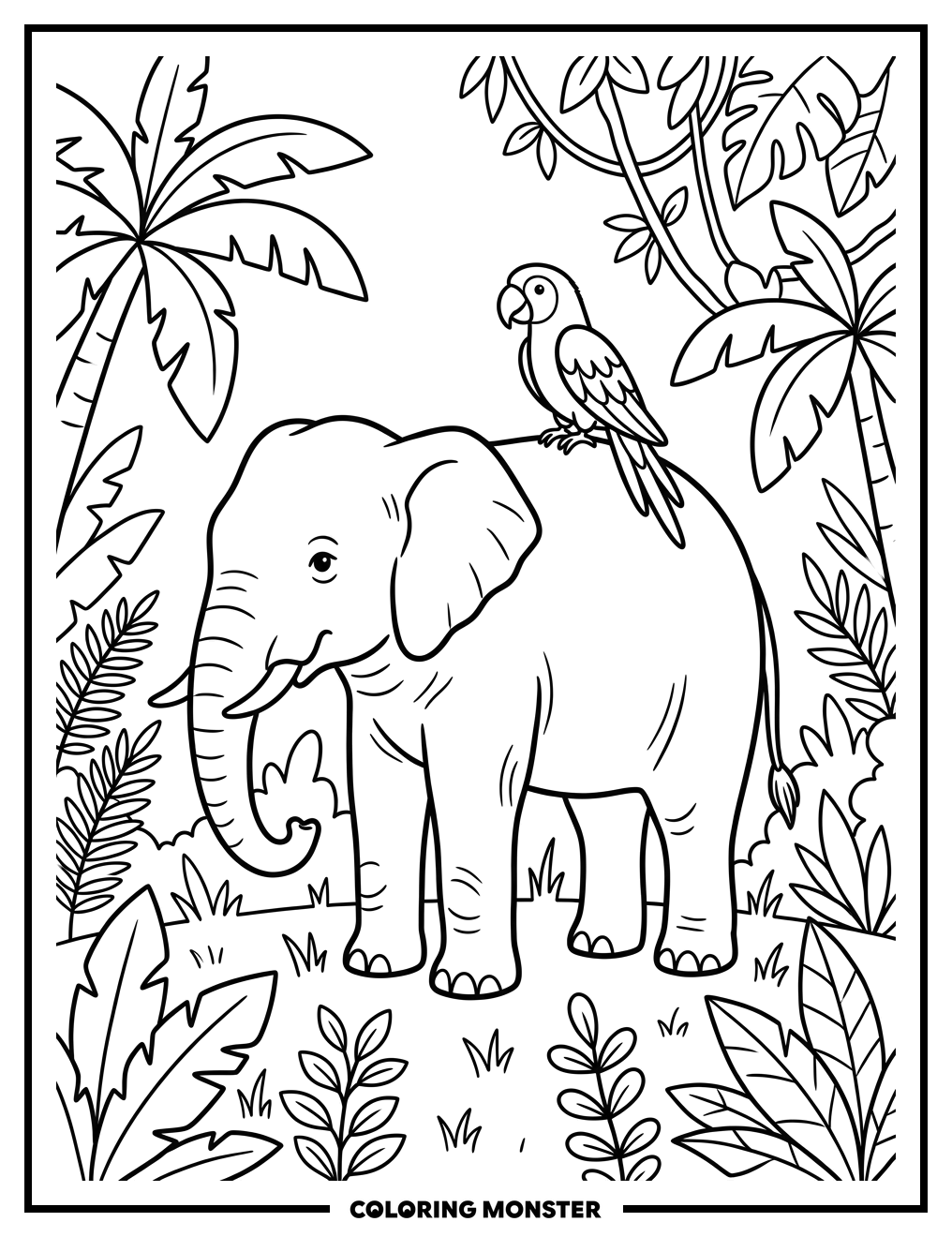 Elephant With Parrot in Jungle Coloring Page