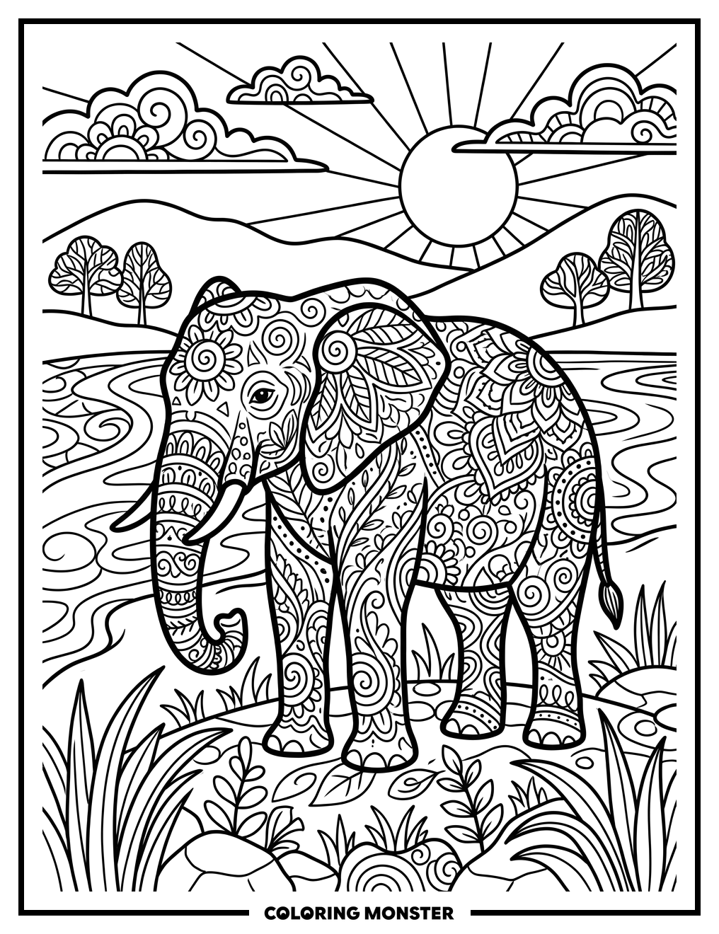 Elephant Zentangle Pattern Coloring Page