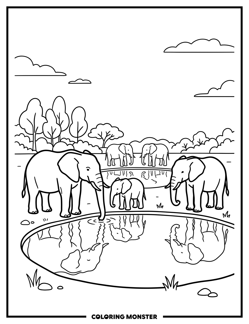 Elephants at Watering Hole Coloring Page