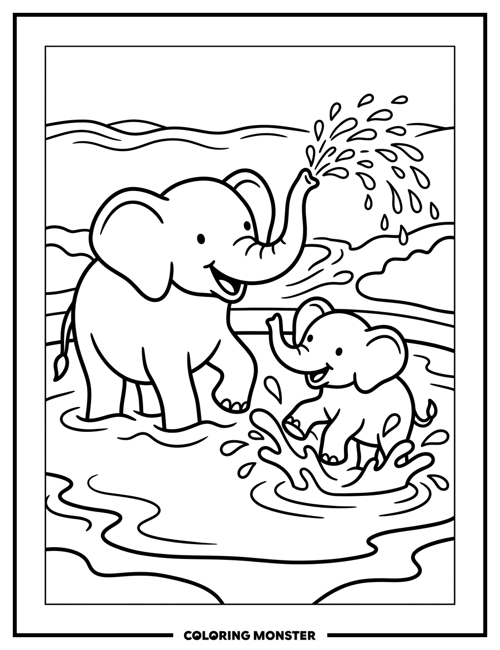 Elephants Play in Watering Hole Coloring Page