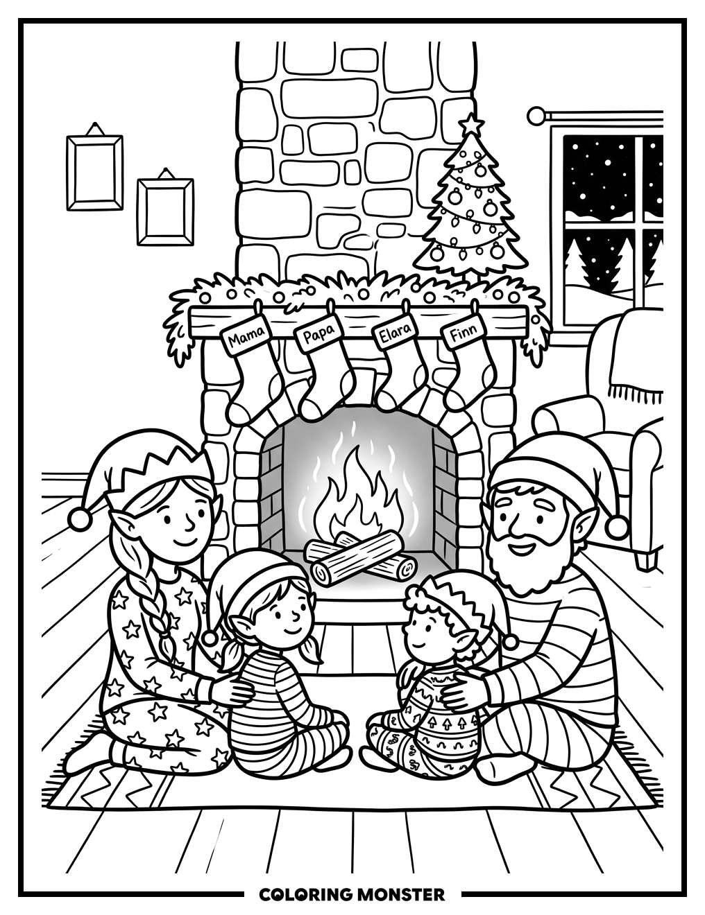 Elf Family by Christmas Fireplace Coloring Page