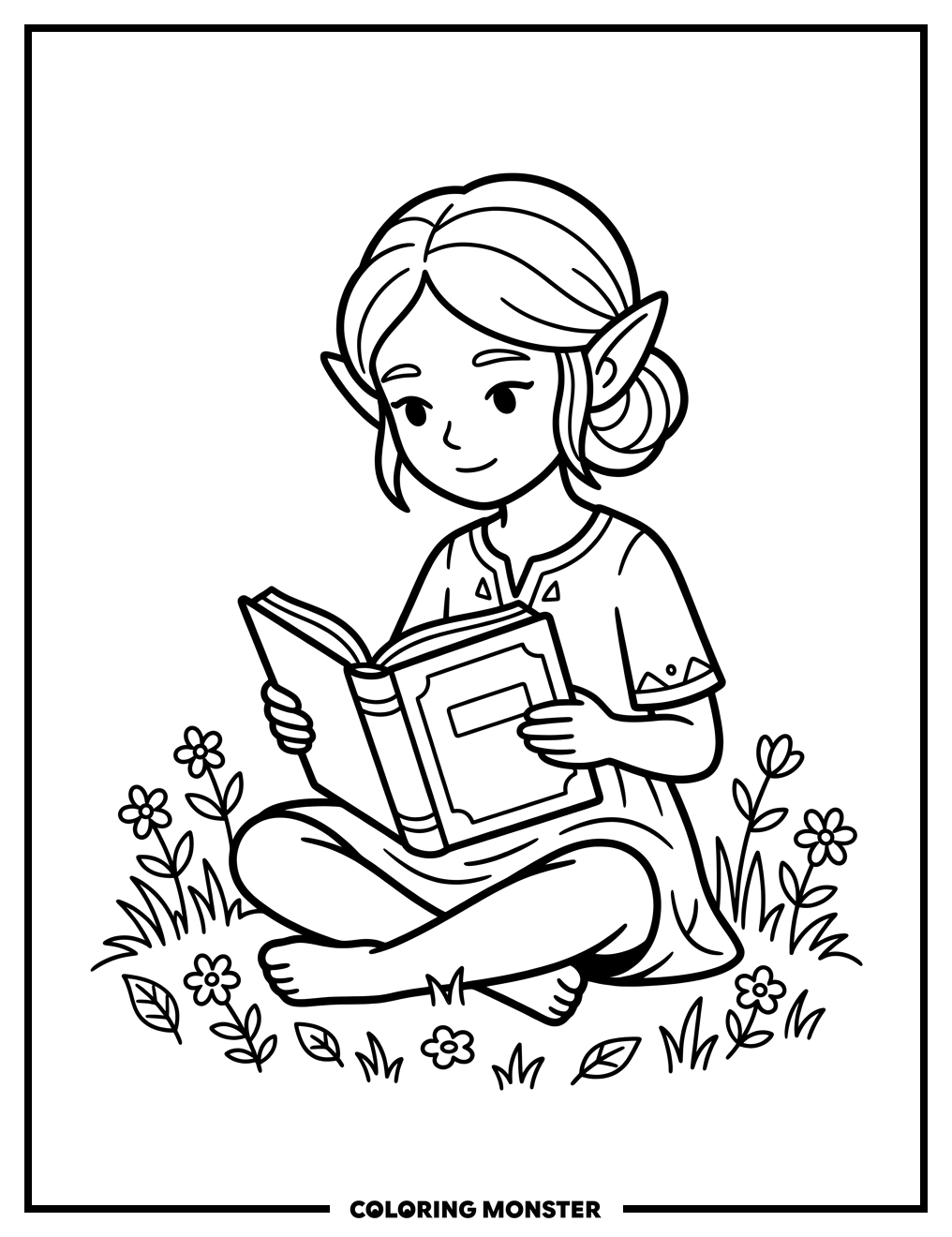 Elf Girl Reading Book In Meadow Coloring Page