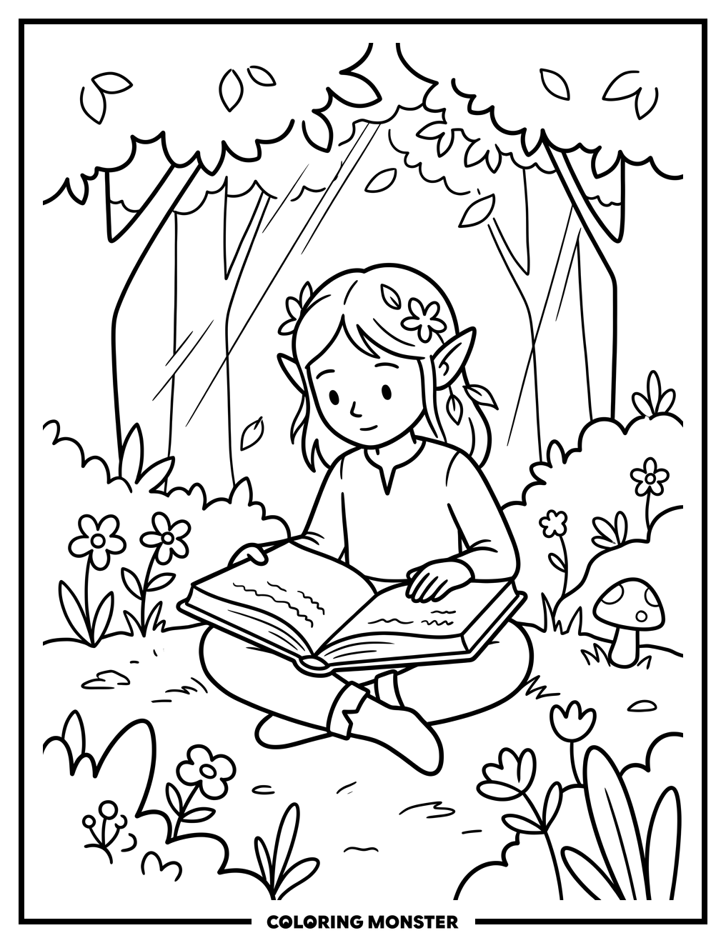 Elf Girl Reading in Forest Coloring Page