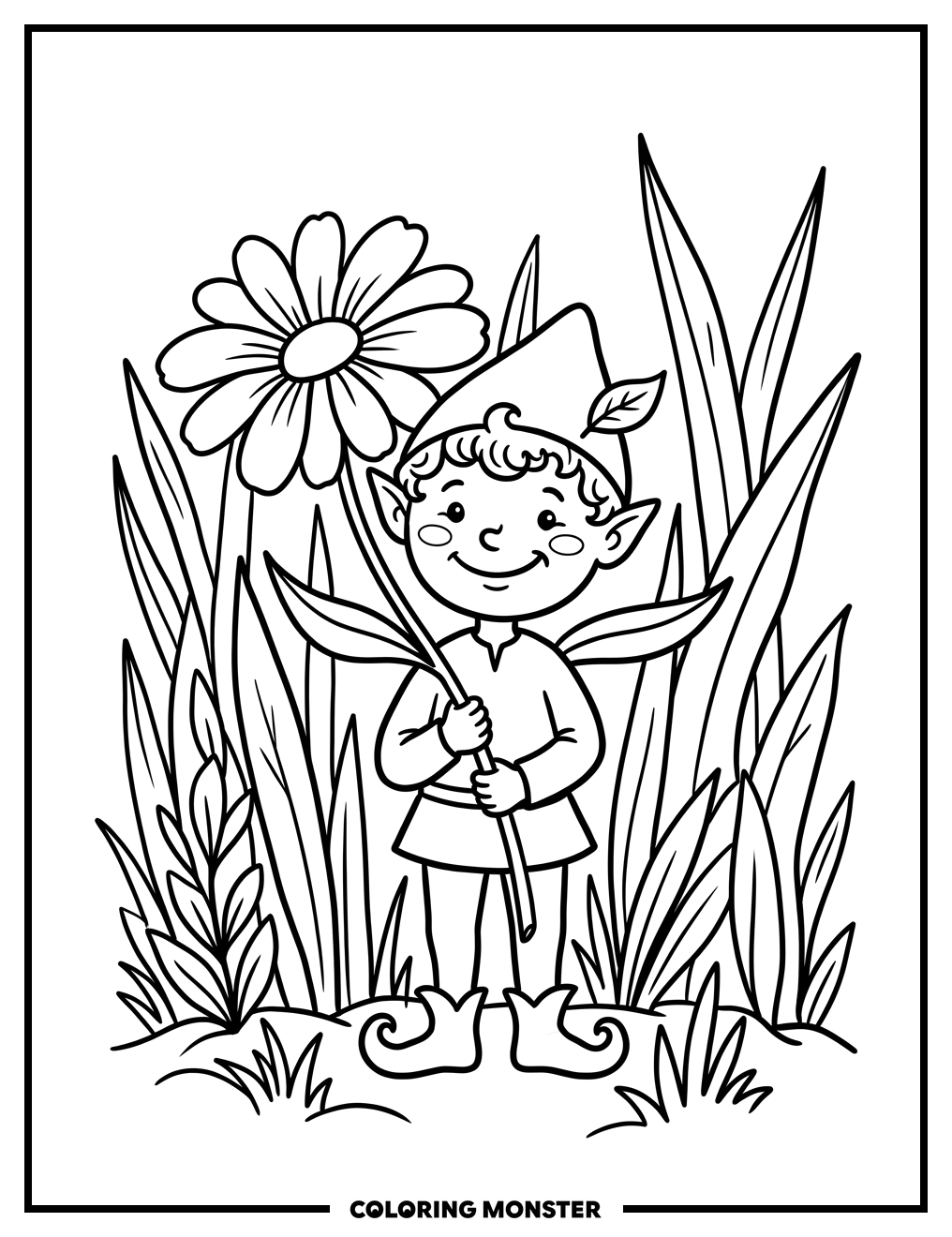 Elf Holding a Daisy Coloring Page