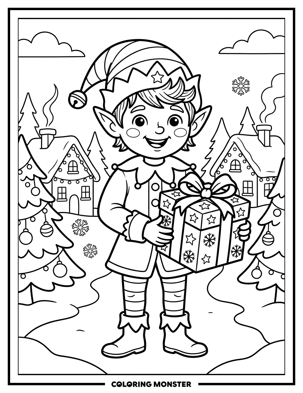 Elf Holding a Festive Gift Coloring Page