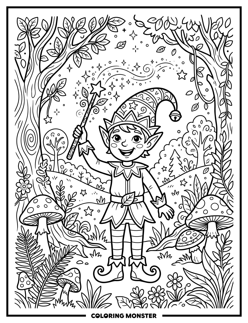Elf in Whimsical Forest Clearing Coloring Page